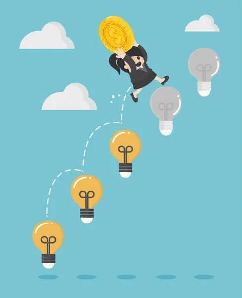 Business Woman Holding Dollar Jump Light Bulb Succeed — Stock Vector