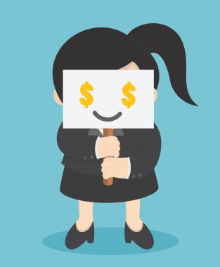 businesswoman holding a blank label showing her face.For the sak clipart