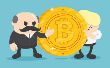 Döviz için Bitcoin sikke sunan iki işadamı.