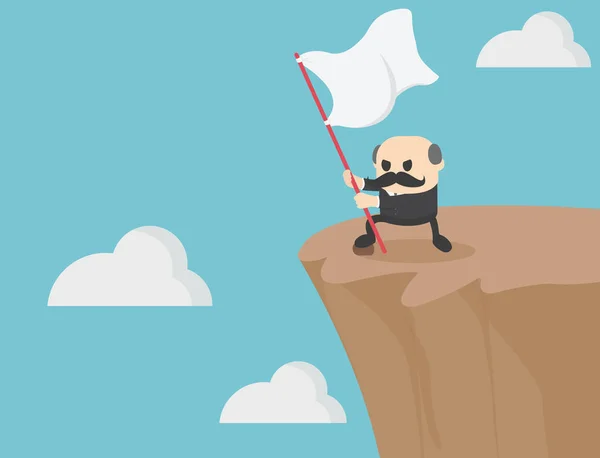 Homme d'affaires âgé tient un drapeau agitant sur une falaise raide face comme — Image vectorielle