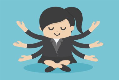 İş kadını meditasyon yapıyor. Kız lotus pozisyonunda oturuyor. Çizgi film düz vektör arka planı.