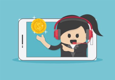 Çizgi film konsepti. Akıllı telefon. İş kadınının para kazanmasına yardımcı olur.