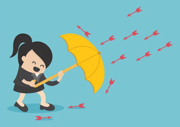 Femme Affaires Utiliser Parapluie Pour Protéger Flèche Vers Bas Vecteur — Image vectorielle