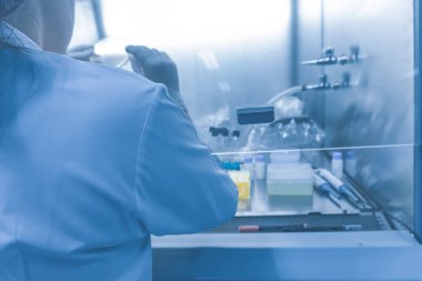 Laboratuvarda çalışan Asyalı bilim adamını kapatın, müşteri için deneyler yapın, formül kullanın.