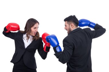 İş adamları boks konsepti, beyaz arka planda kadın kiralık katil