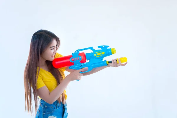 Asian Woman Water Hand White Background Festival Songkran Day Thailand — стокове фото