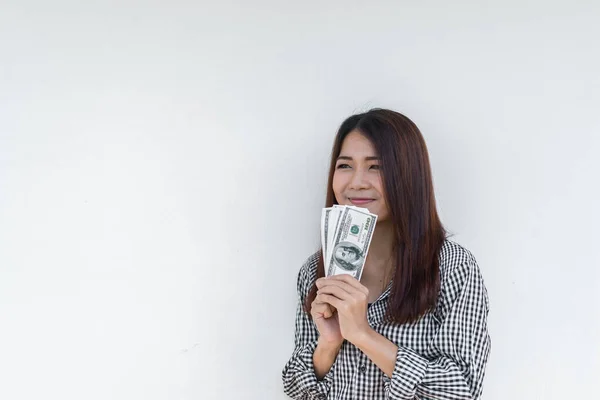 Happy Business Woman Lot Dollar Money Hand White Background — Stock Photo, Image