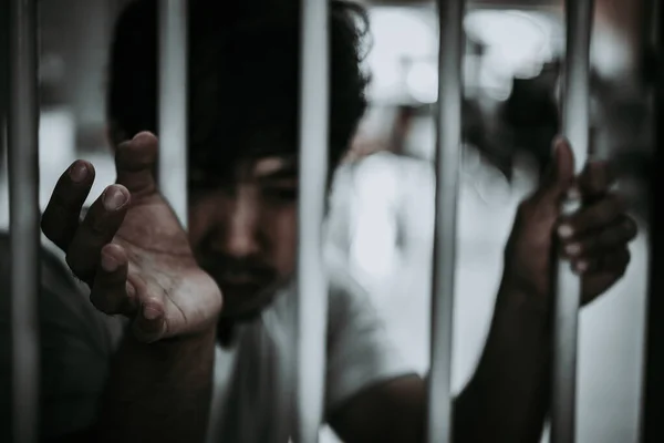 Hands Men Desperate Catch Iron Prison Prisoner Concept Thailand People — Stock Photo, Image