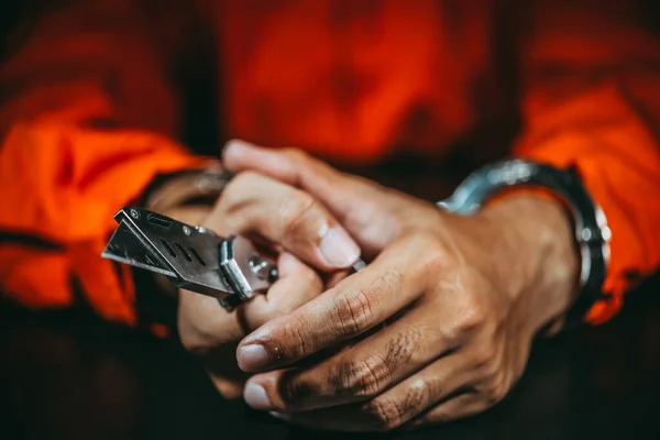 Suspect Wear Prisoner Cloths Arrested Investigation Interview Find Out Truth — Stock Photo, Image