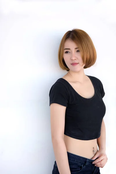 Penutup Wanita Cantik Rambut Emas Latar Belakang Putih Gadis Thai — Stok Foto