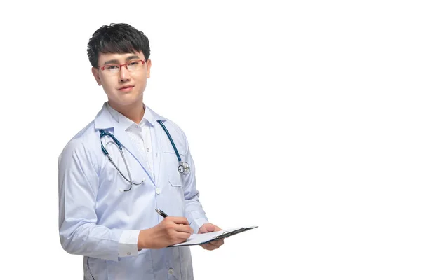 Retrato Joven Médico Sobre Fondo Blanco Hombre Asiático Tailandia Personas — Foto de Stock