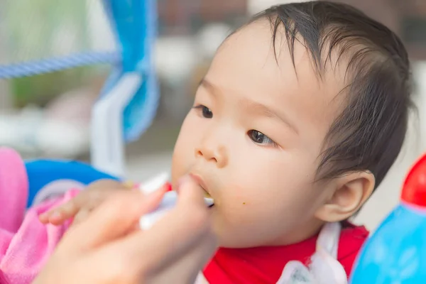 Cute Asian Baby Girl Eatting Rice Mom Thailand People Time — Stock Photo, Image