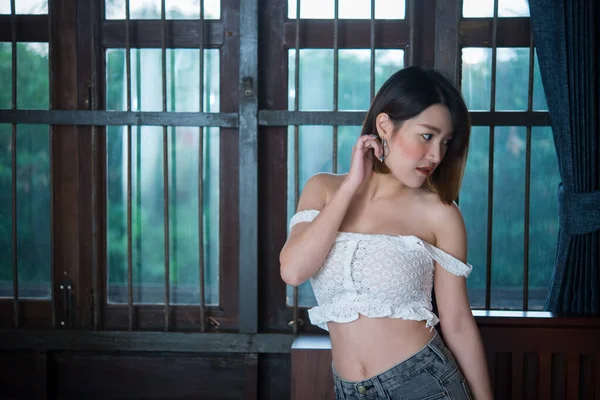 Porträt Der Schönen Asiatischen Sexy Frau Schlafzimmer Thailändische Menschen Posieren — Stockfoto