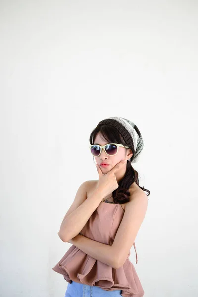 Portrait Hipster Girl White Wall Lifestyle Modern Teen — Stock Photo, Image