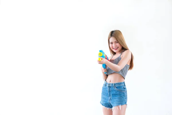 Asian Beautiful Woman Gun Water Hand White Background Festival Songkran — Stockfoto