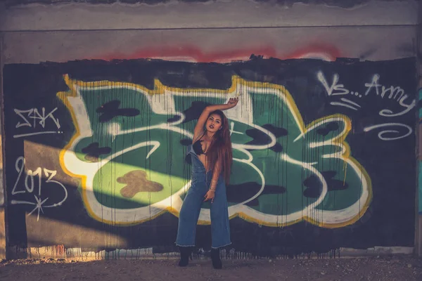 Portret Van Aziatische Sexy Hipster Meisje Show Beha Graffity Muur — Stockfoto