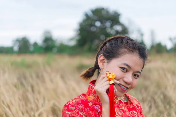 Mujer Asiática Posando Campo Vestido Rojo Concepto Feliz Año Nuevo — Foto de Stock