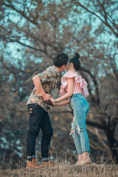 Picture Asian Couple Love Have Fun Park Happy People Concept — Stock Photo, Image