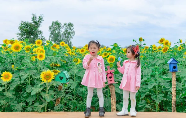 Twee Kinderen Die Ijs Eten Een Zonnebloemenveld Een Zonnige Dag — Stockfoto