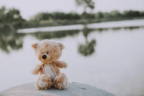 Alone Teddy Bear Out Door Vintage Dark Tone Style — Stock Photo, Image