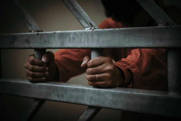 Hands Men Desperate Catch Iron Prison Prisoner Concept Thailand People — Stock Photo, Image