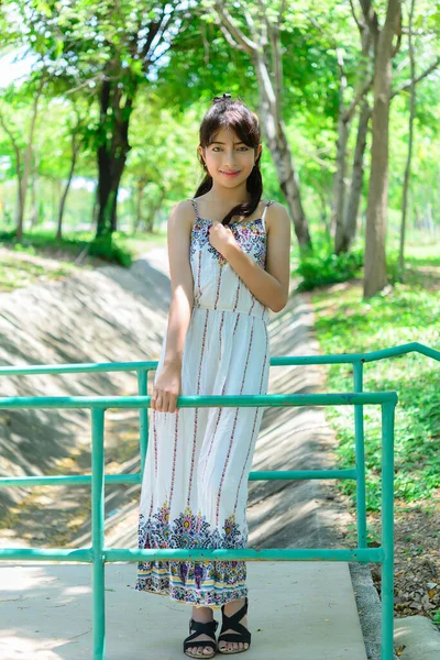 Beautiful Asian Young Girl Bridge Forest Smile — Stock Photo, Image