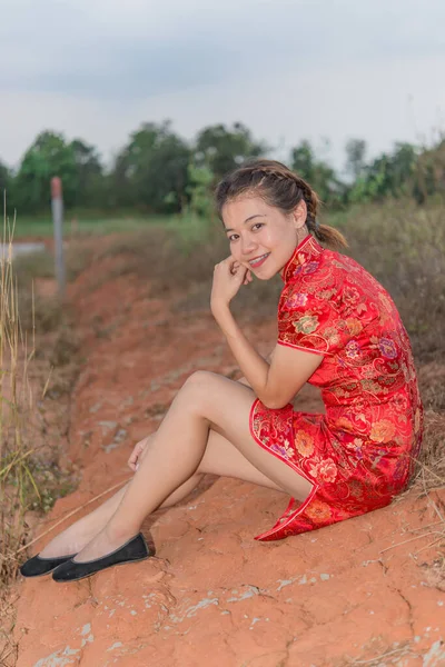 Happy Chinese New Year Asian Woman Wearing Traditional Cheongsam Clothes — Stock Photo, Image