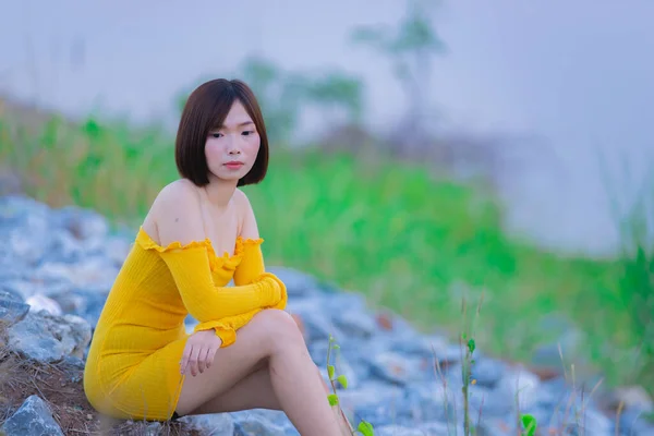 Portrait Beautiful Asian Woman Wear Yellow Dress Field Thailand People — Stock Photo, Image