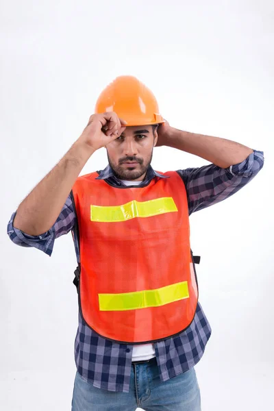 Trabalhador Construção Civil Vestindo Colete Segurança Isolado Branco Sorriso Engenheiro — Fotografia de Stock