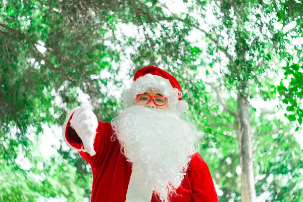 Porträtt Jultomten Bokeh Ljus Träd God Jul Koncept — Stockfoto