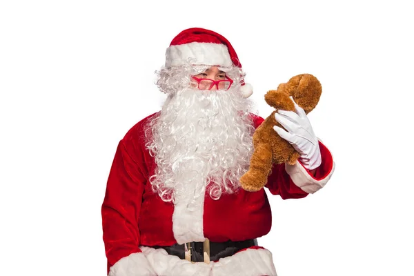 Retrato Santa Claus Com Ursinho Pelúcia Boneca Fundo Branco — Fotografia de Stock