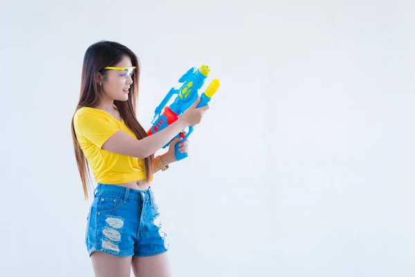 Asian Woman Water Hand White Background Festival Songkran Day Thailand — стокове фото