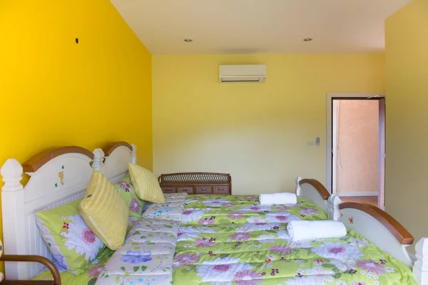 Interior Yellow Modern Bedroom Parquet Floors Sunny Day — Stock Photo, Image