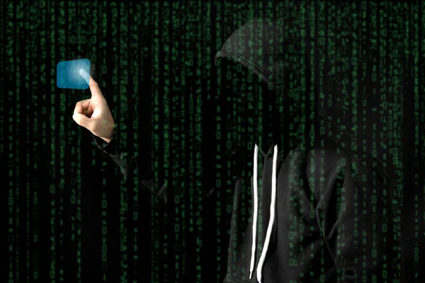 Asiatisk Hacker Svart Huva Svart Bakgrund — Stockfoto