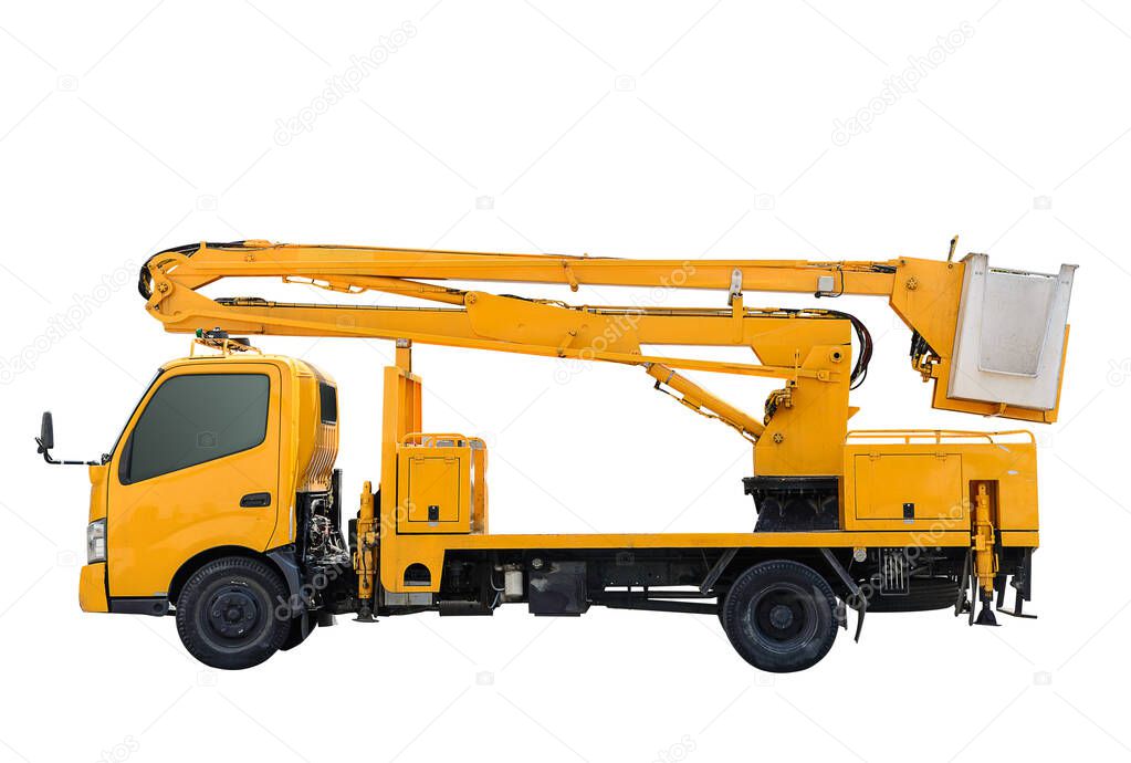 Yellow crane truck for repair high floor,cable car