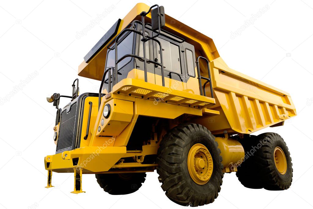 Big yellow mining truck on white background with clipping path