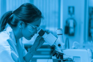 Genç Asyalı bilim adamı bir laboratuarda mikroskoptan bakıyor. Taylandlılar biraz araştırma yapıyor..