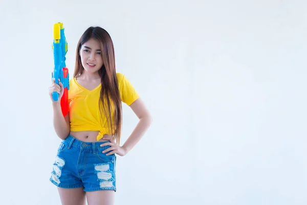 Aziatische Vrouw Met Water Hand Witte Achtergrond Festival Songkran Dag — Stockfoto