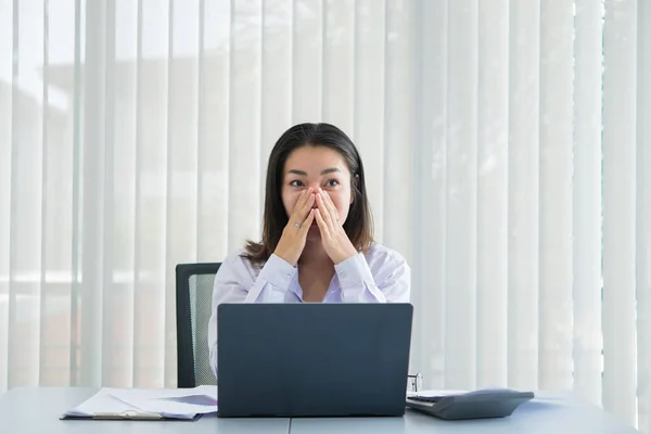 Asian business woman happy in a office,Worker success from work,Thailand people,Happiness girl concept