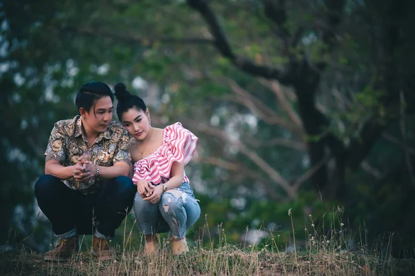 Picture Asian Couple Love Have Fun Park Happy People Concept — Stock Photo, Image