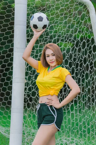 Portret Van Sexy Aziatische Vrouw Dragen Voetbal Speler Jurk World — Stockfoto