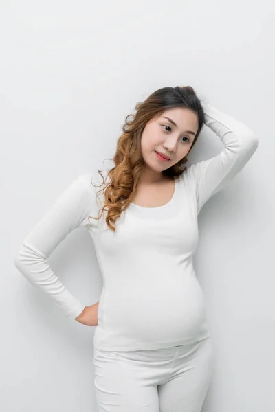 Pregnant Woman White Dress Standing Holding Her Belly — Stock Photo, Image