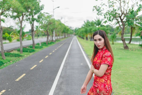 Feliz Ano Novo Chinês Mulher Asiática Vestindo Roupas Tradicionais Cheongsam — Fotografia de Stock