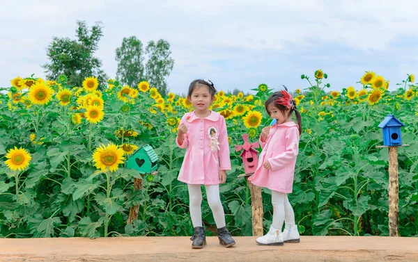 Twee Kinderen Die Ijs Eten Een Zonnebloemenveld Een Zonnige Dag — Stockfoto