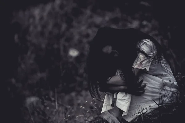 Portrait Asian Woman Make Ghost Face Swamp Horror Scene Scary — Stock Photo, Image