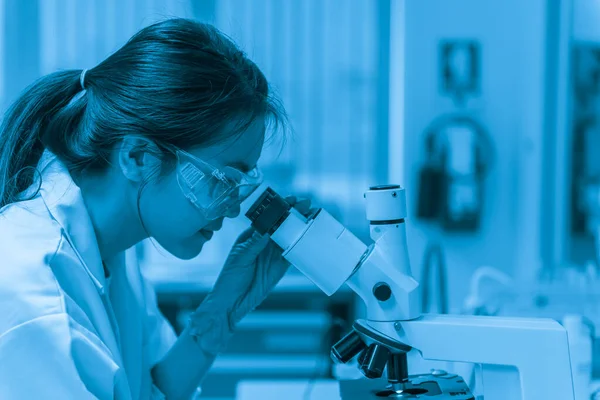 Genç Asyalı bilim adamı bir laboratuarda mikroskoptan bakıyor. Taylandlılar biraz araştırma yapıyor..