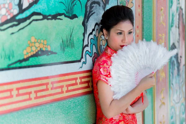 Cheongsam Elbiseli Güzel Asyalı Kadın Portresi Tayland Halkı Mutlu Çin — Stok fotoğraf