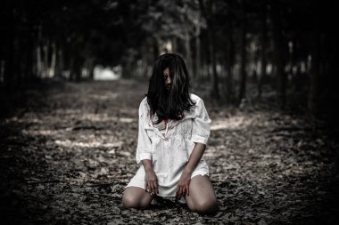 Asyalı kadın portresi hayalet yüzü, korku sahnesi, korkunç arka plan, Cadılar Bayramı posteri.