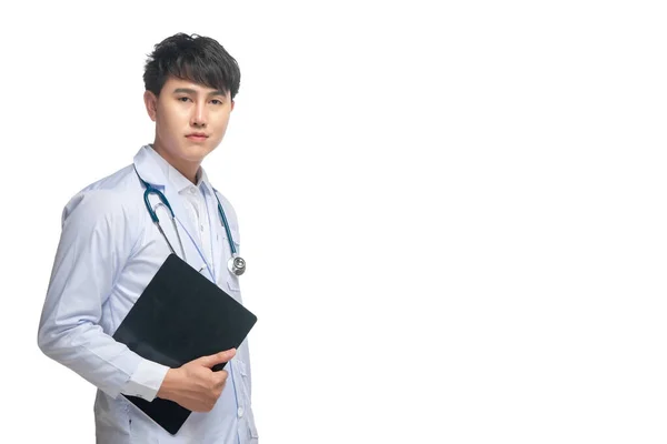 Portrét Mladého Mužského Lékaře Bílém Pozadí Asiat Thajci — Stock fotografie