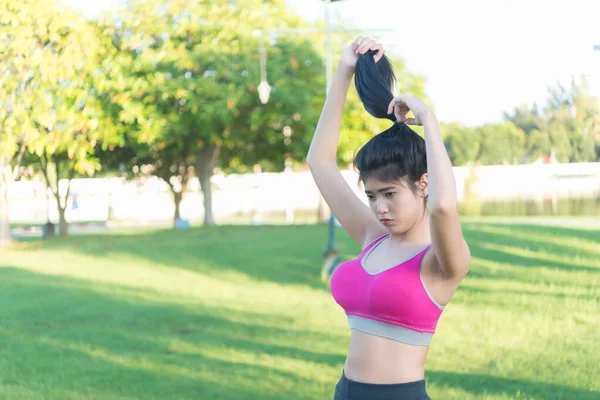 Hermosa Mujer Asiática Preparar Ejercicio Parque Tailandia Mujer Amor Salud — Foto de Stock